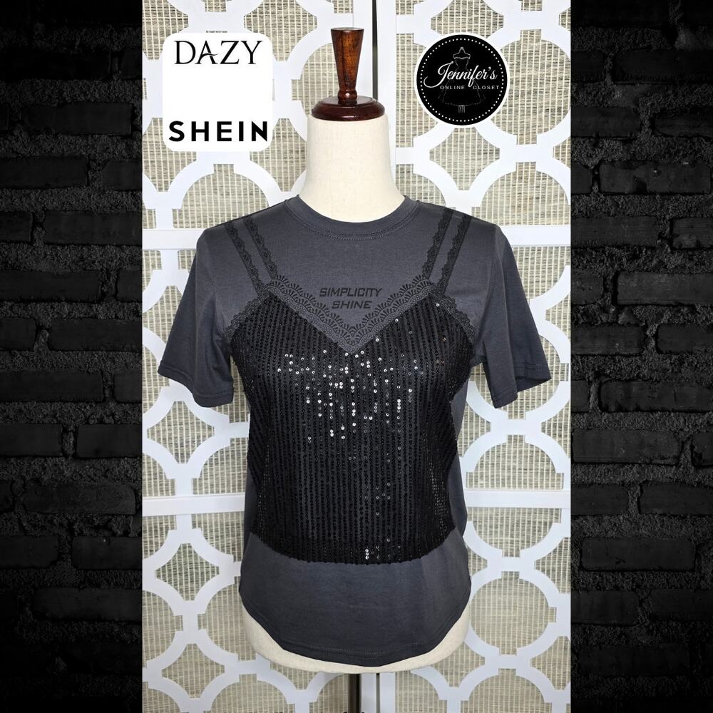 Shein Dazy Women's Gray 'Simplicity Shine' Black Sequin Camisole T-Shirt Size S
